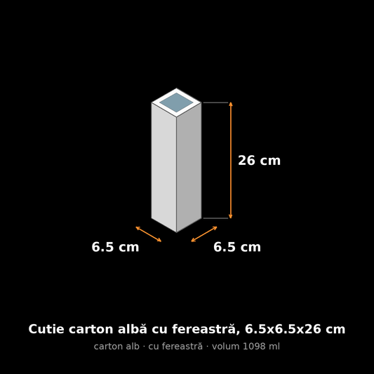 Cutie carton albă cu fereastră, 6.5x6.5x26 cm – schemă cu dimensiuni
