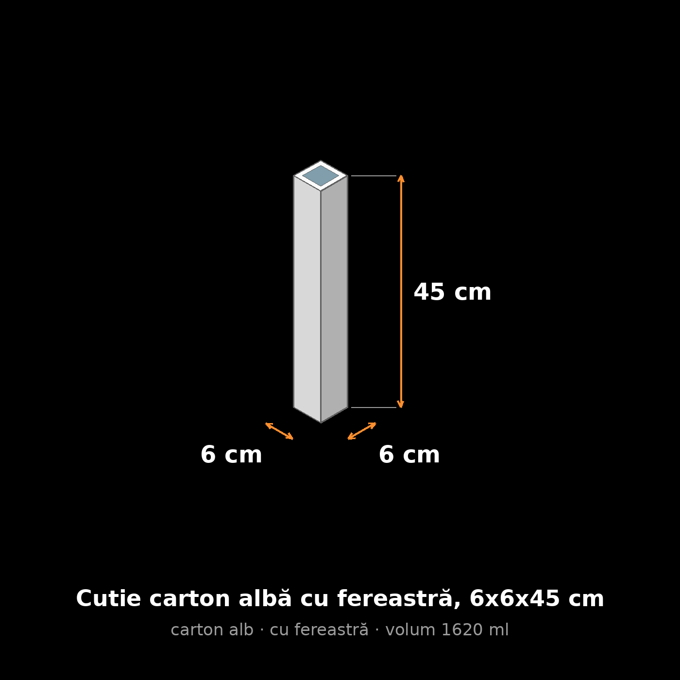 Cutie carton albă cu fereastră, 6x6x45 cm – schemă cu dimensiuni
