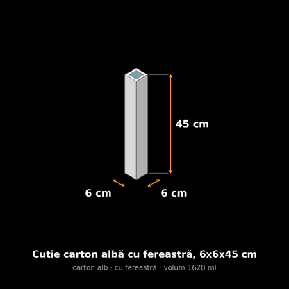 Cutie carton albă cu fereastră, 6x6x45 cm – schemă cu dimensiuni