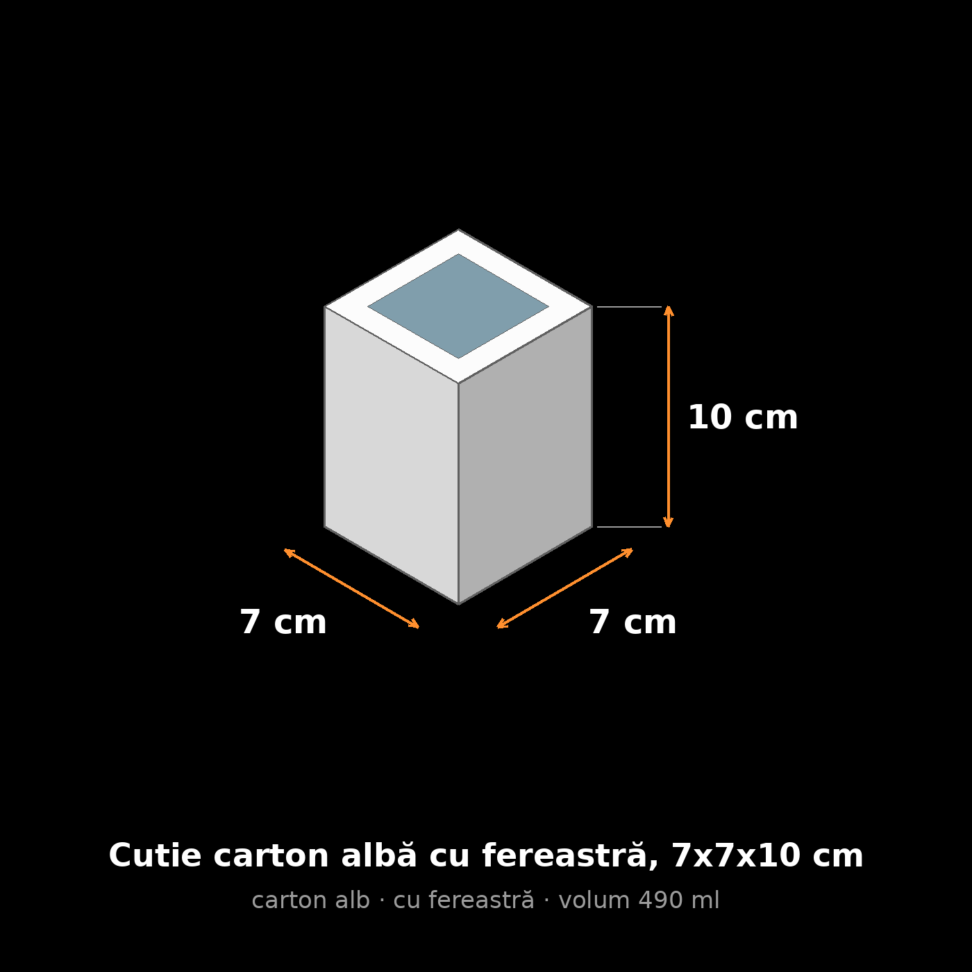 Cutie carton albă cu fereastră, 7x7x10 cm – schemă cu dimensiuni