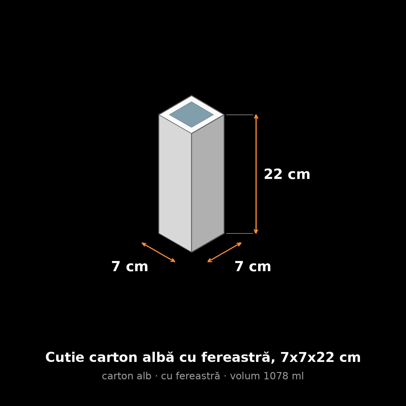 Cutie carton albă cu fereastră, 7x7x22 cm – schemă cu dimensiuni
