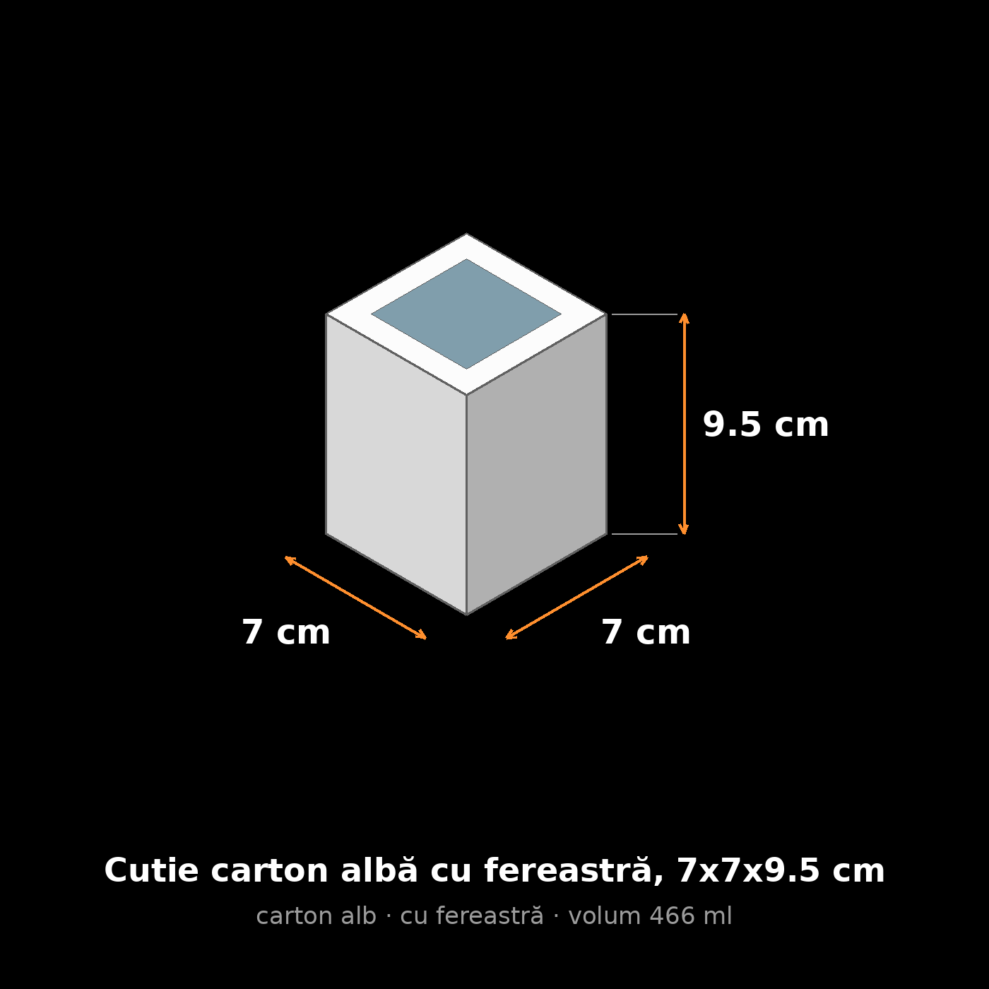 Cutie carton albă cu fereastră, 7x7x9.5 cm – schemă cu dimensiuni