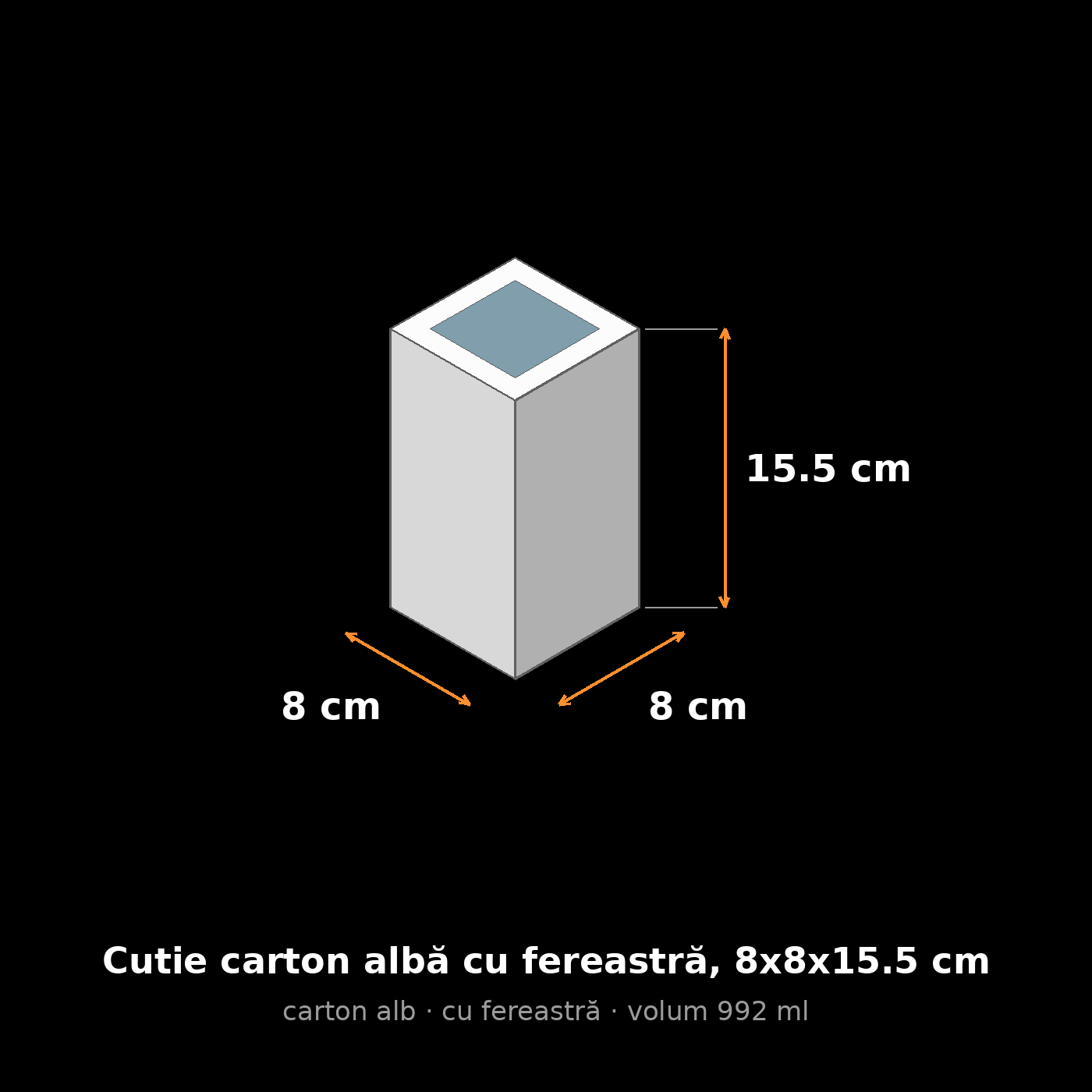 Cutie carton albă cu fereastră, 8x8x15.5 cm – schemă cu dimensiuni