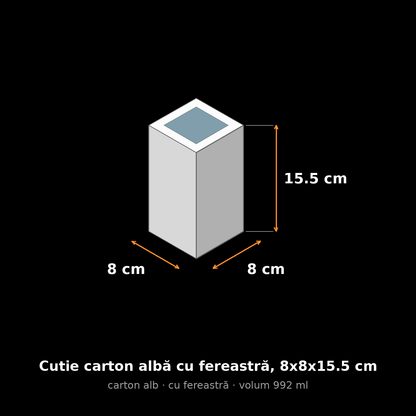 Cutie carton albă cu fereastră, 8x8x15.5 cm – schemă cu dimensiuni