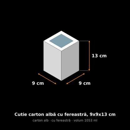Cutie carton albă cu fereastră, 9x9x13 cm – schemă cu dimensiuni