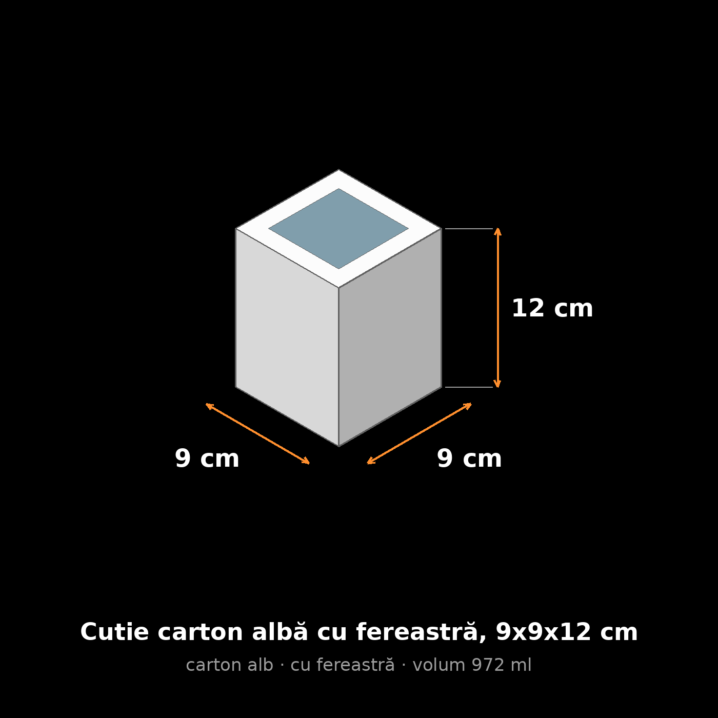 Cutie carton albă cu fereastră, 9x9x12 cm – schemă cu dimensiuni
