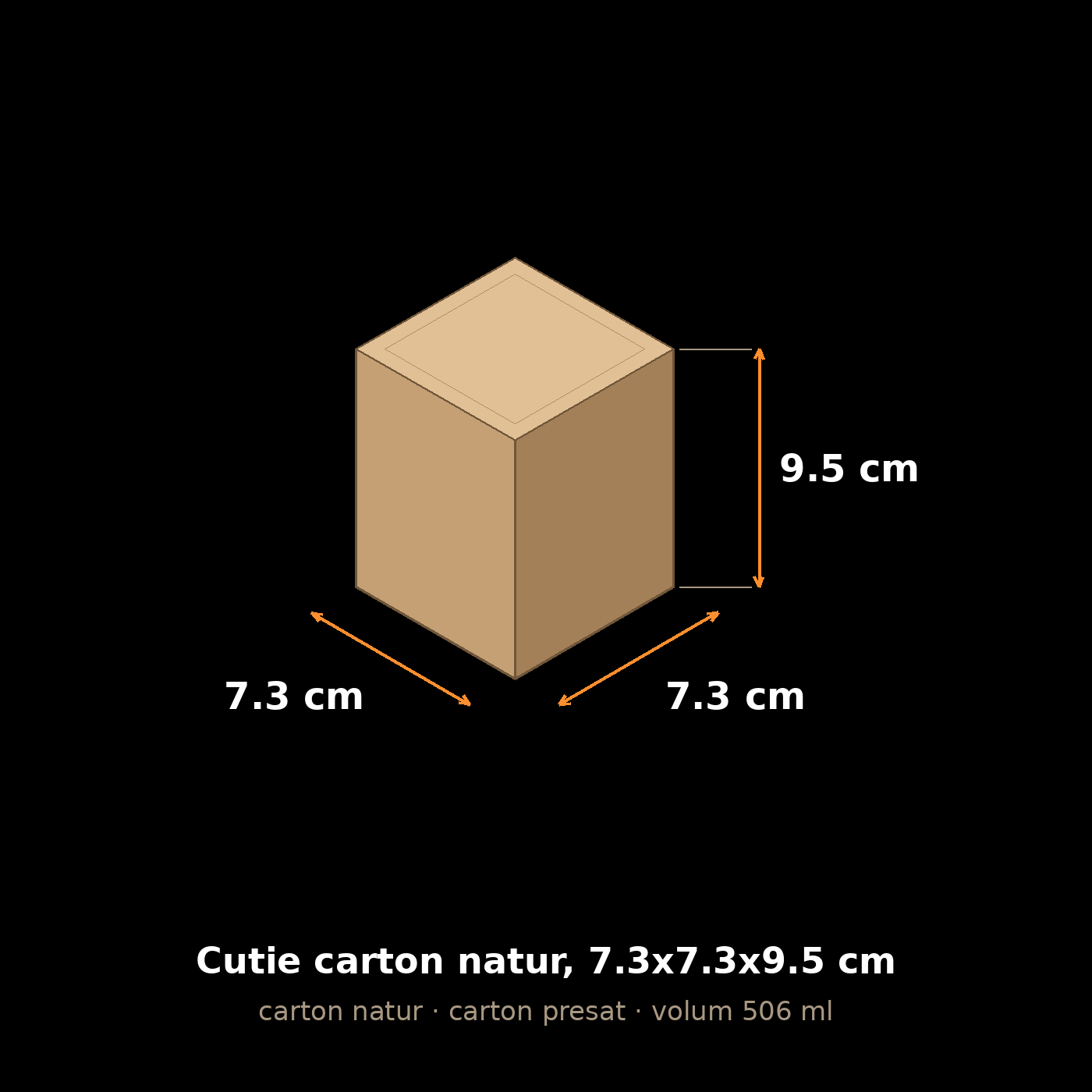 Cutie carton natur, 7.3x7.3x9.5 cm – schemă cu dimensiuni