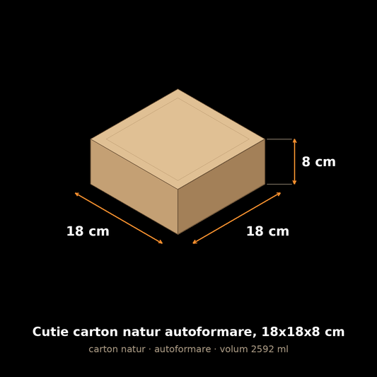 Cutie carton natur autoformare, 18x18x8 cm – schemă cu dimensiuni