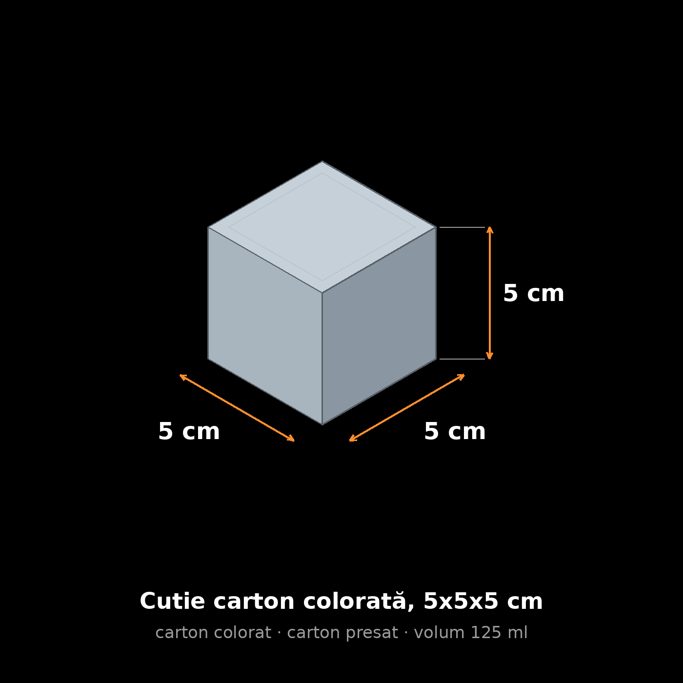 Cutie carton colorată, 5x5x5 cm – schemă cu dimensiuni