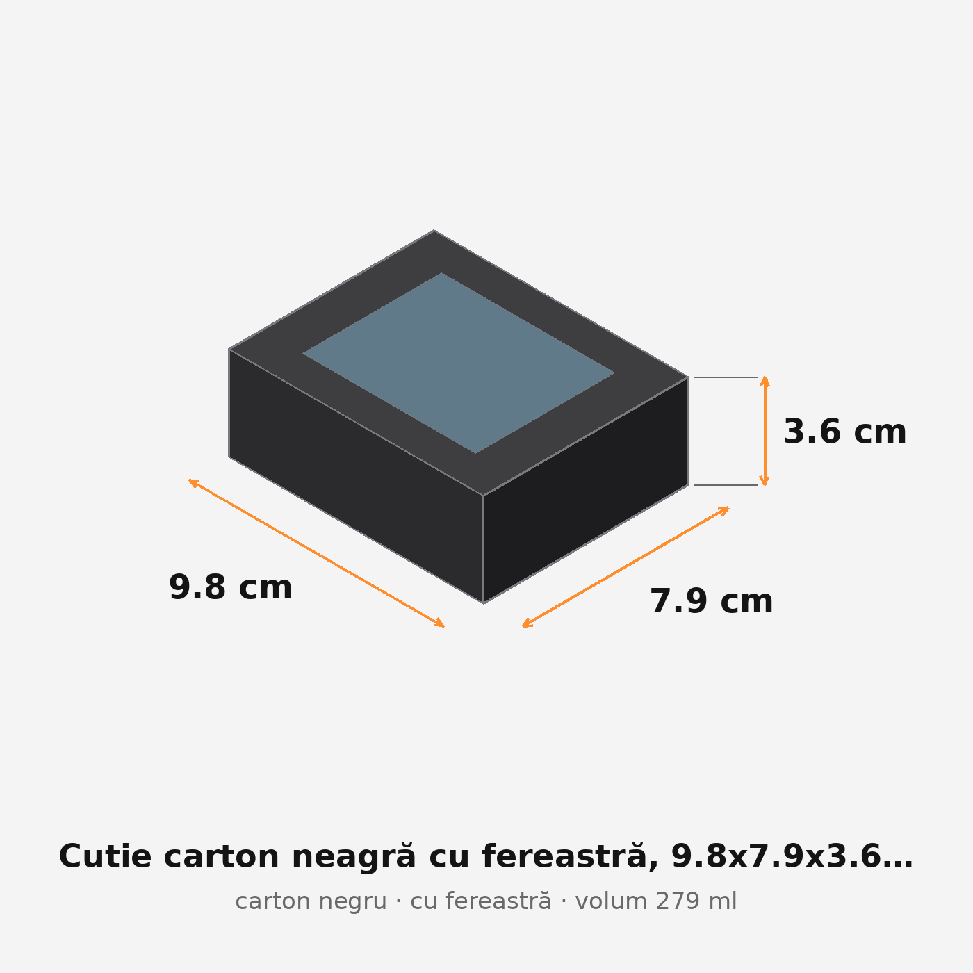 Cutie carton neagră cu fereastră, 9.8x7.9x3.6 cm – schemă cu dimensiuni