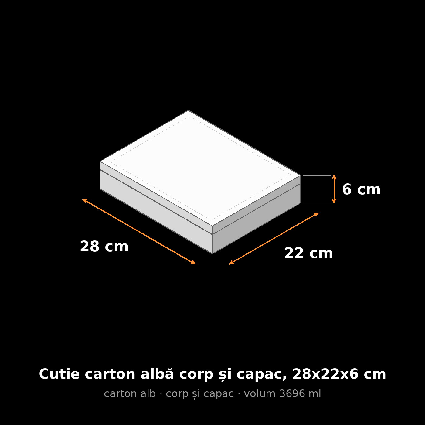 Cutie carton albă corp și capac, 28x22x6 cm – schemă cu dimensiuni