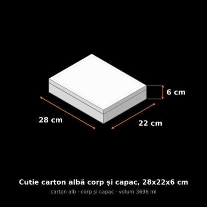 Cutie carton albă corp și capac, 28x22x6 cm – schemă cu dimensiuni
