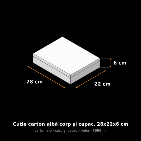 Cutie carton albă corp și capac, 28x22x6 cm – schemă cu dimensiuni