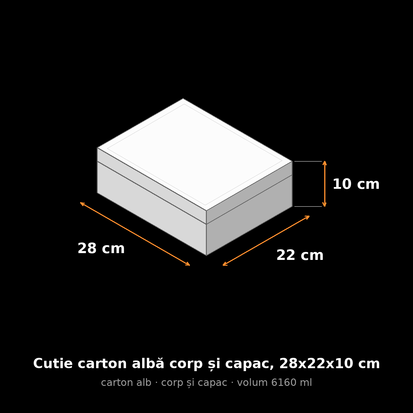Cutie carton albă corp și capac, 28x22x10 cm – schemă cu dimensiuni