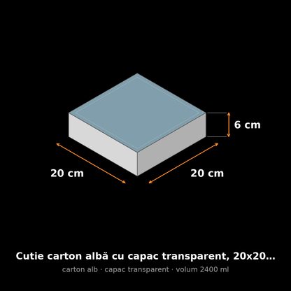 Cutie carton albă cu capac transparent, 20x20x6 cm – schemă cu dimensiuni