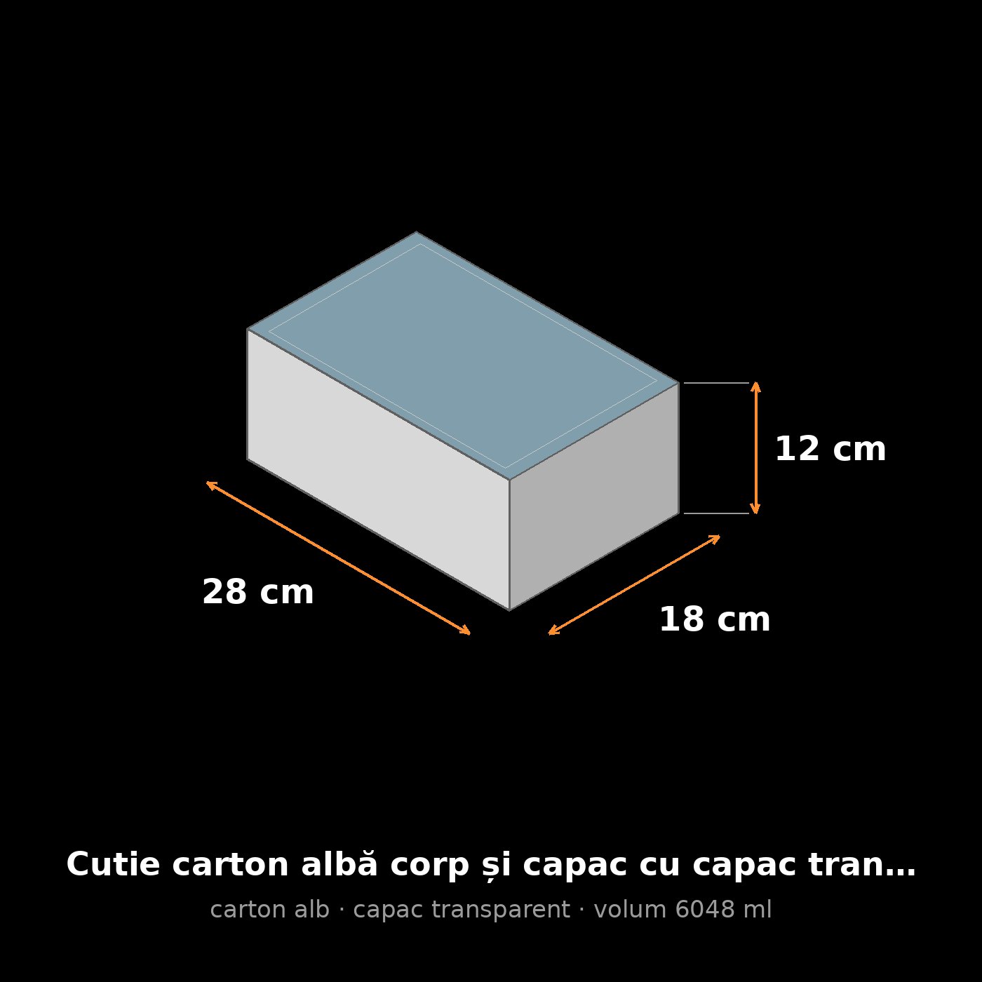 Cutie carton albă cu capac transparent, 28x18x12 cm – schemă cu dimensiuni