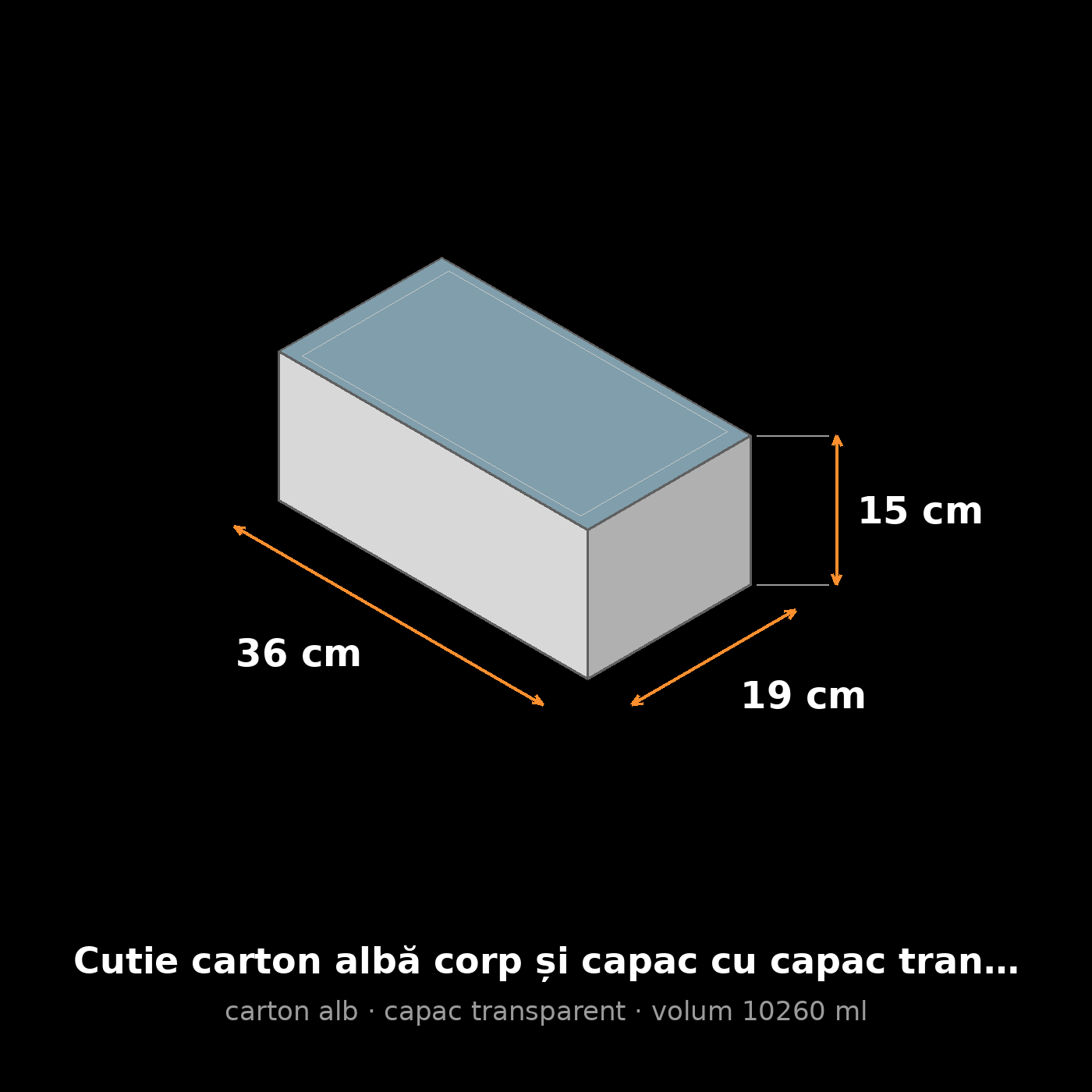 Cutie carton albă cu capac transparent, 36x19x15 cm – schemă cu dimensiuni