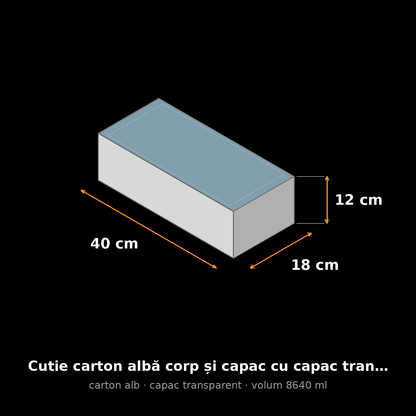 Cutie carton albă cu capac transparent, 40x18x12 cm – schemă cu dimensiuni