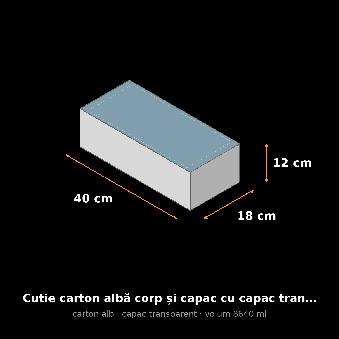 Cutie carton albă cu capac transparent, 40x18x12 cm – schemă cu dimensiuni