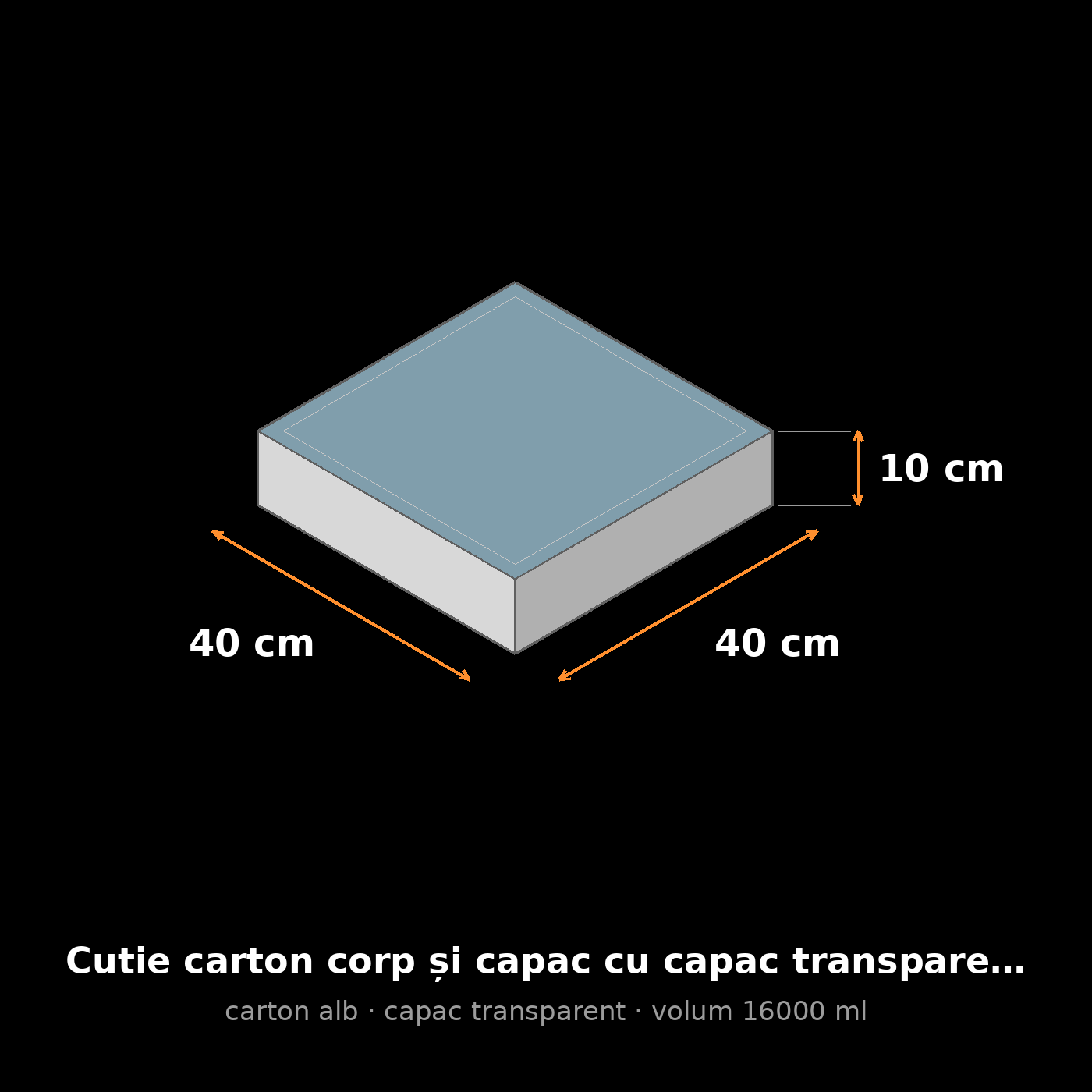 Cutie carton albă cu capac transparent, 40x40x10 cm – schemă cu dimensiuni