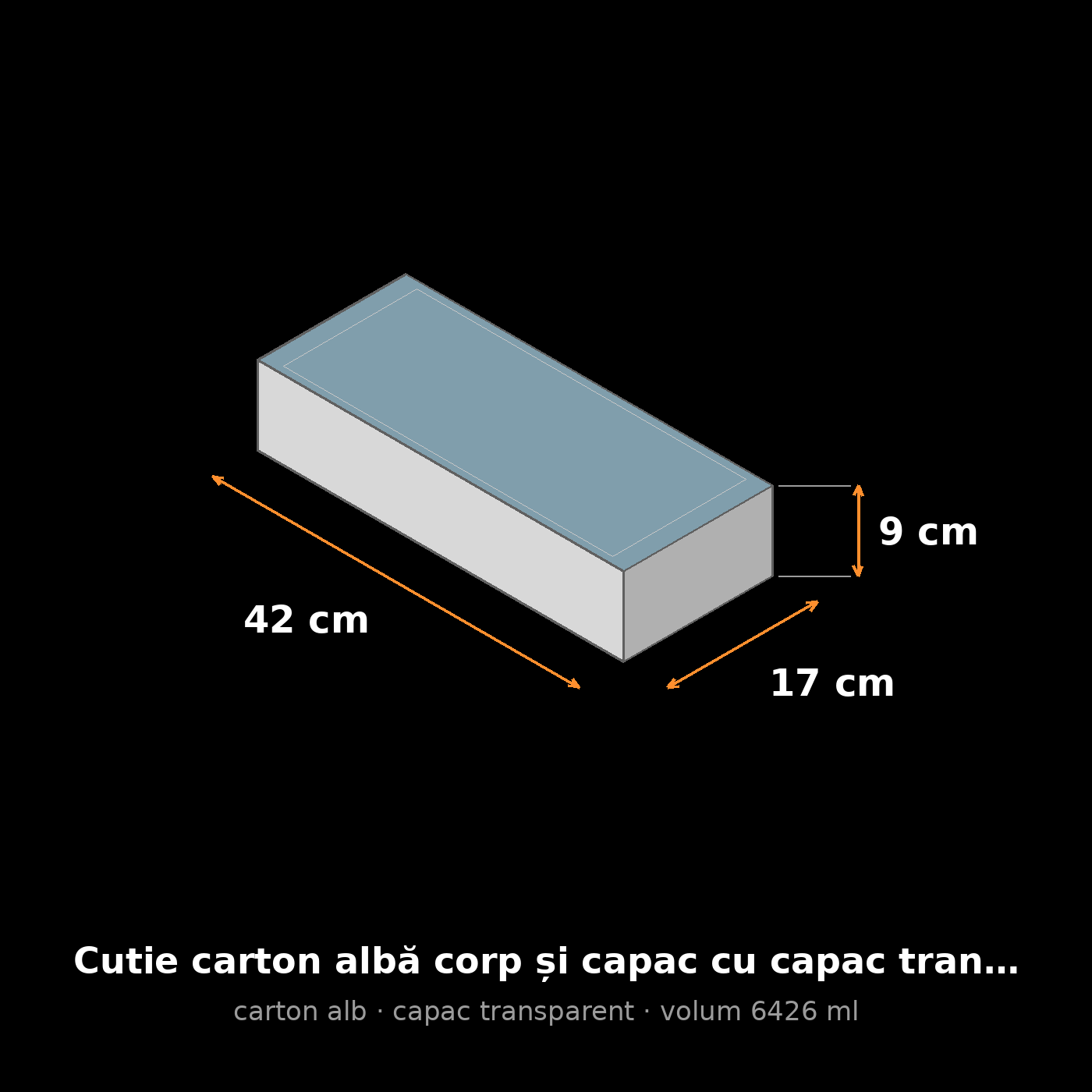 Cutie carton albă cu capac transparent, 42x17x9 cm – schemă cu dimensiuni