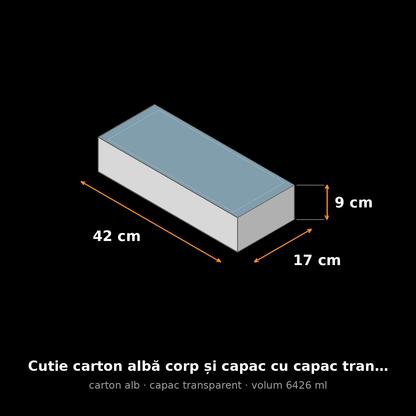 Cutie carton albă cu capac transparent, 42x17x9 cm – schemă cu dimensiuni