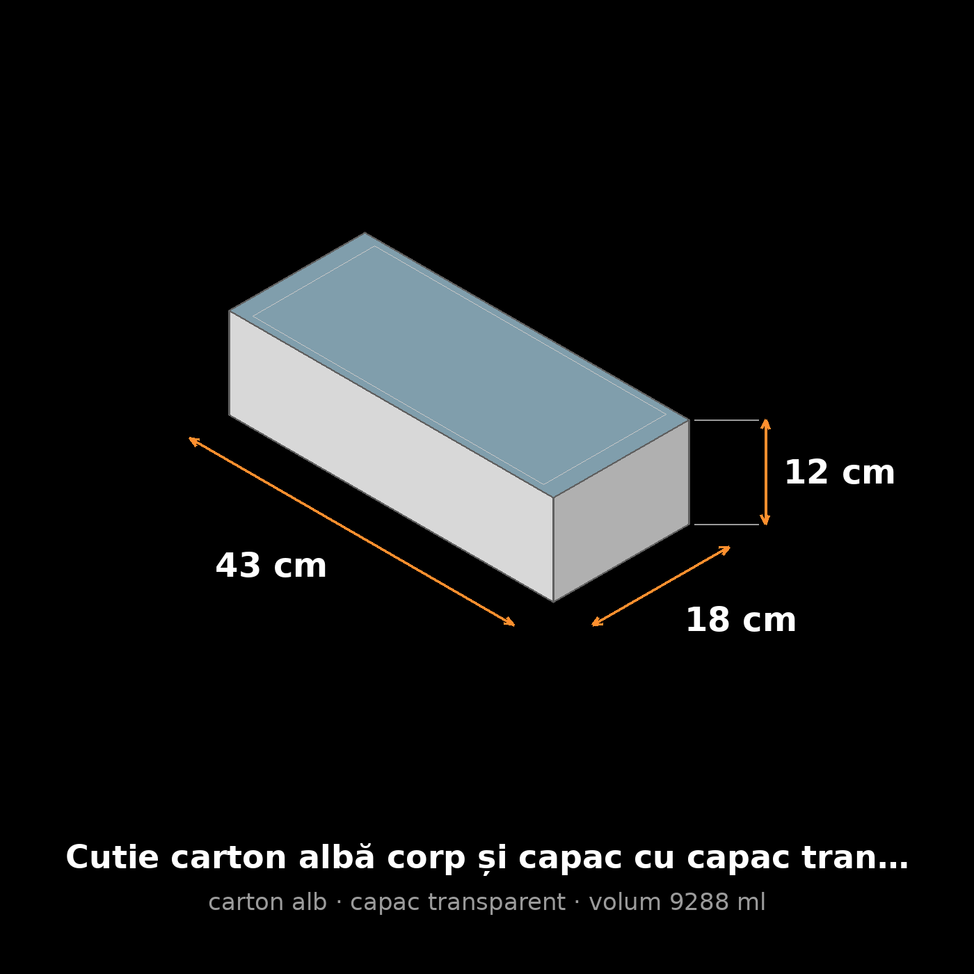 Cutie carton albă cu capac transparent, 43x18x12 cm – schemă cu dimensiuni