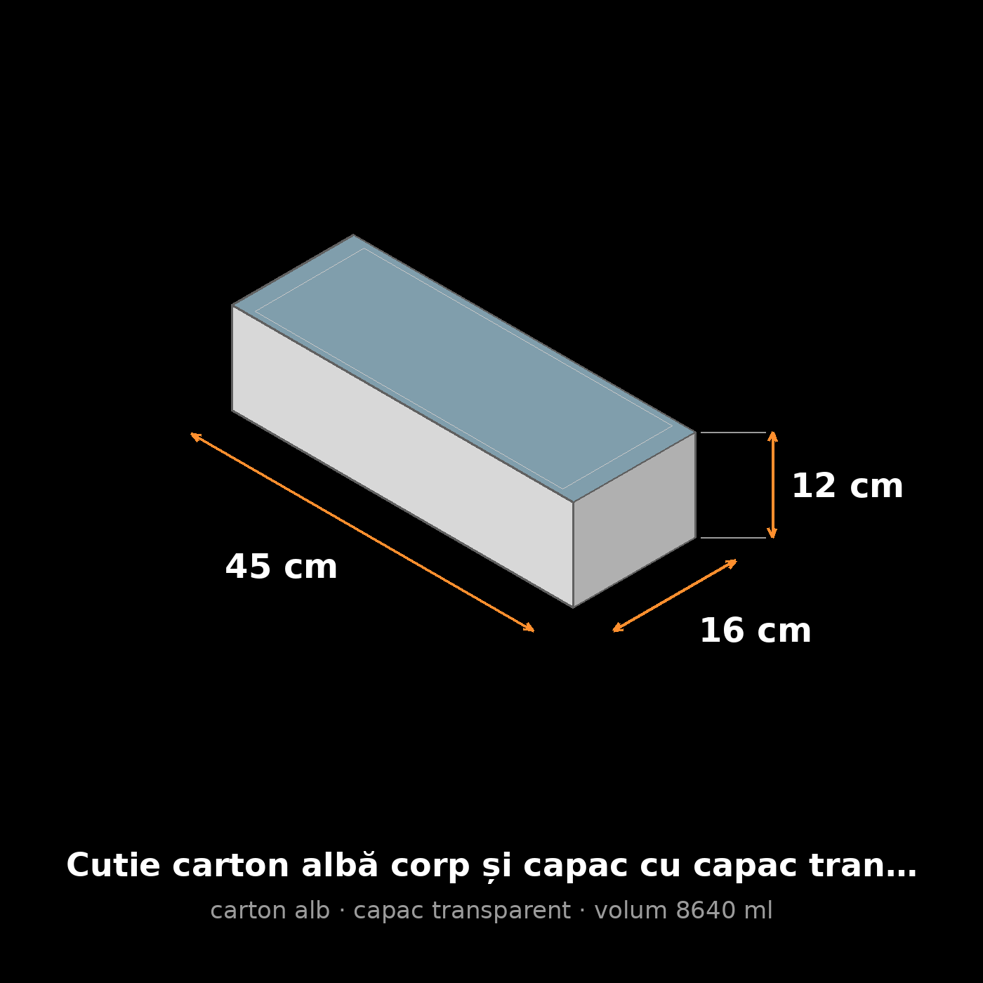 Cutie carton albă cu capac transparent, 45x16x12 cm – schemă cu dimensiuni