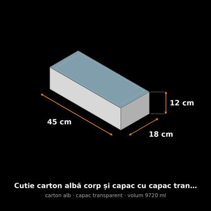 Cutie carton albă cu capac transparent, 45x18x12 cm – schemă cu dimensiuni