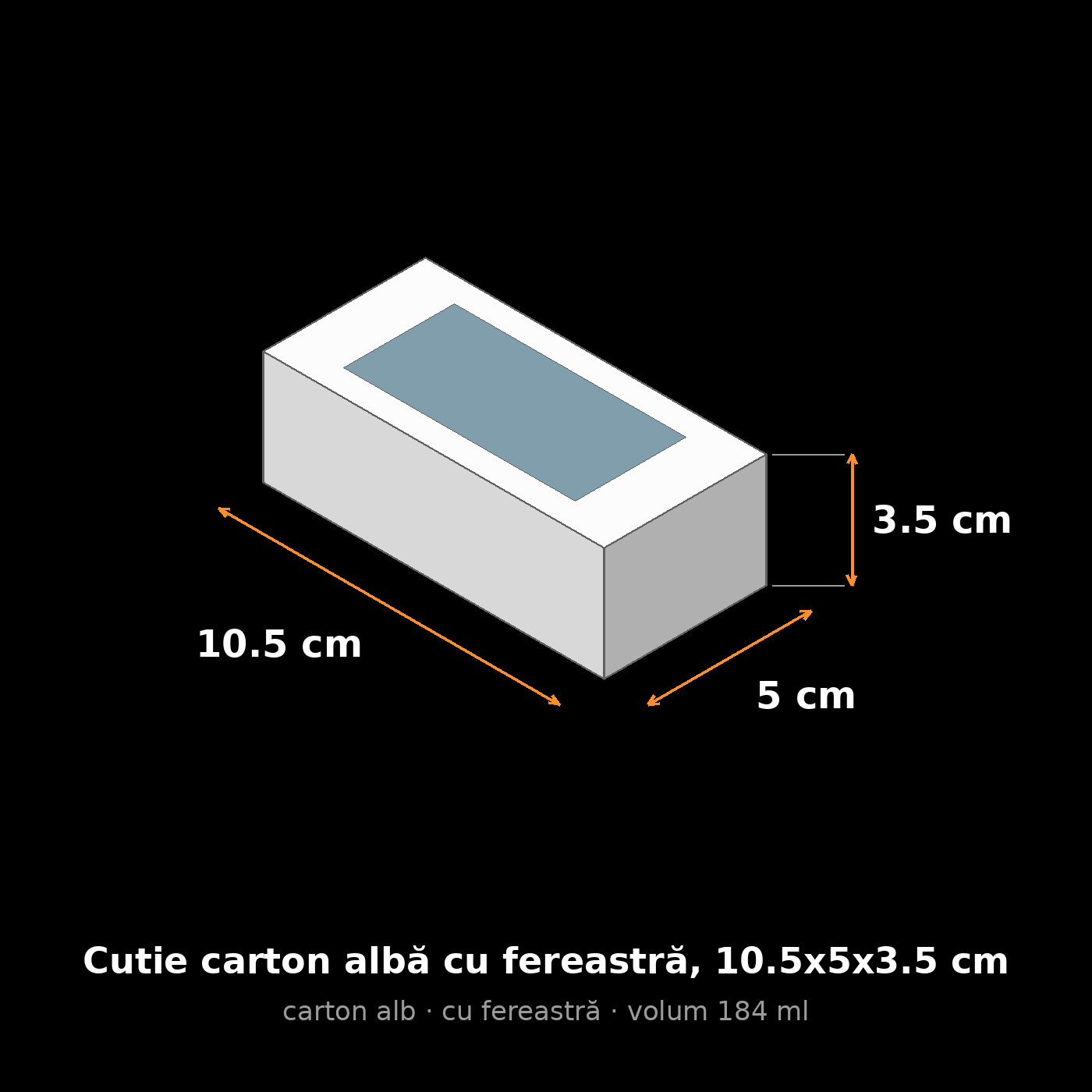 Cutie carton albă cu fereastră, 10.5x5x3.5 cm – schemă cu dimensiuni