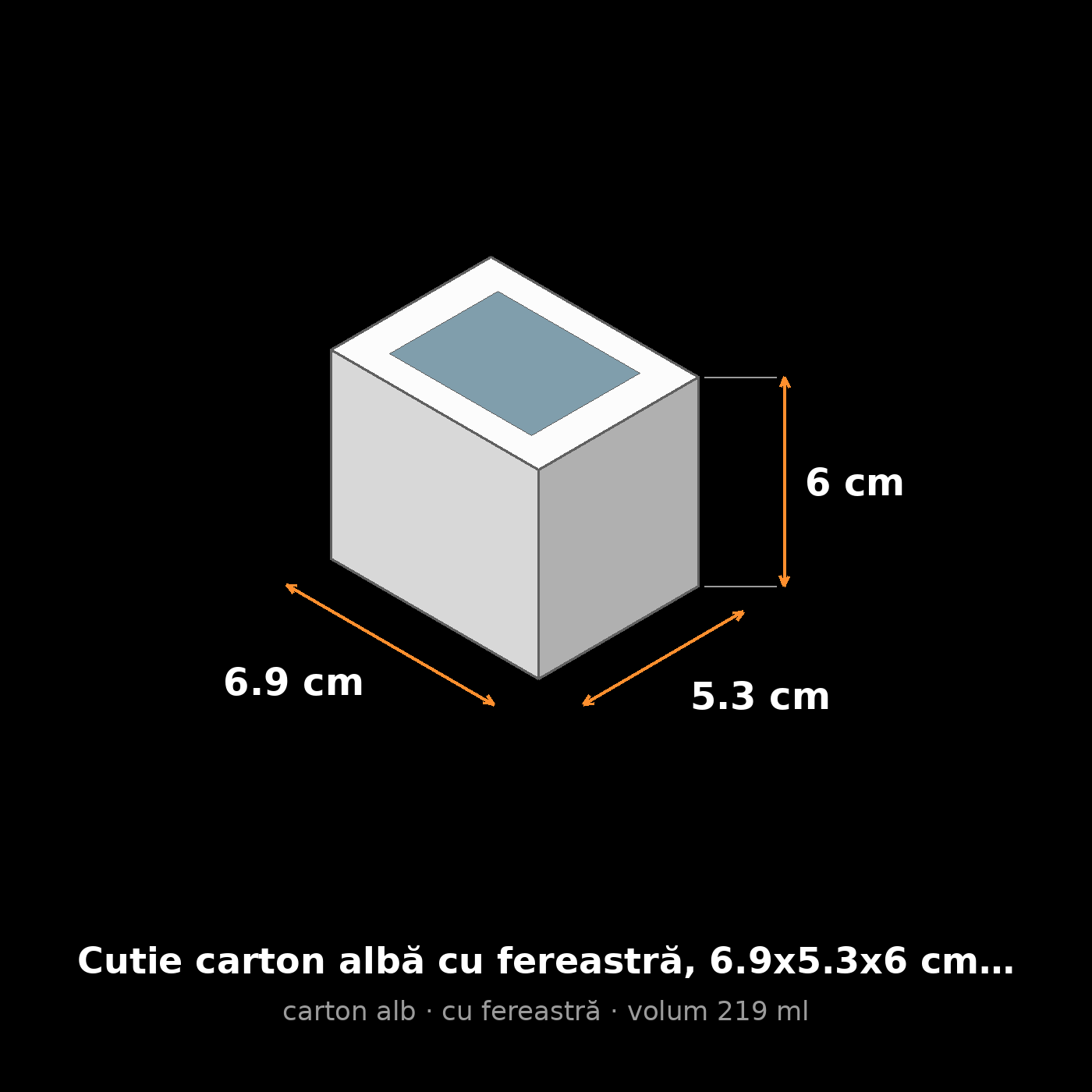 Cutie carton albă cu fereastră, 6.9x5.3x6 cm – schemă cu dimensiuni