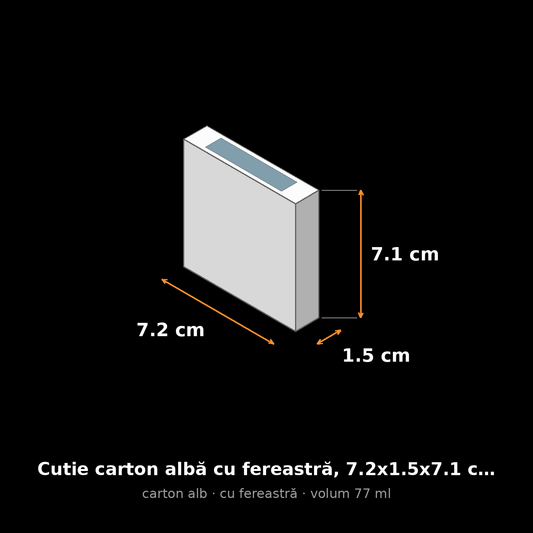Cutie carton albă cu fereastră, 7.2x1.5x7.1 cm – schemă cu dimensiuni