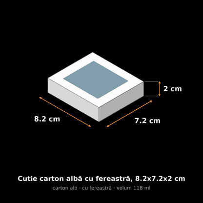 Cutie carton albă cu fereastră, 8.2x7.2x2 cm – schemă cu dimensiuni