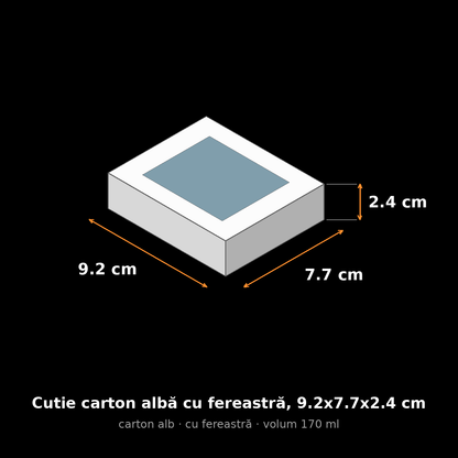 Cutie carton albă cu fereastră, 9.2x7.7x2.4 cm – schemă cu dimensiuni