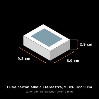 Cutie carton albă cu fereastră, 9.3x6.9x2.9 cm – schemă cu dimensiuni