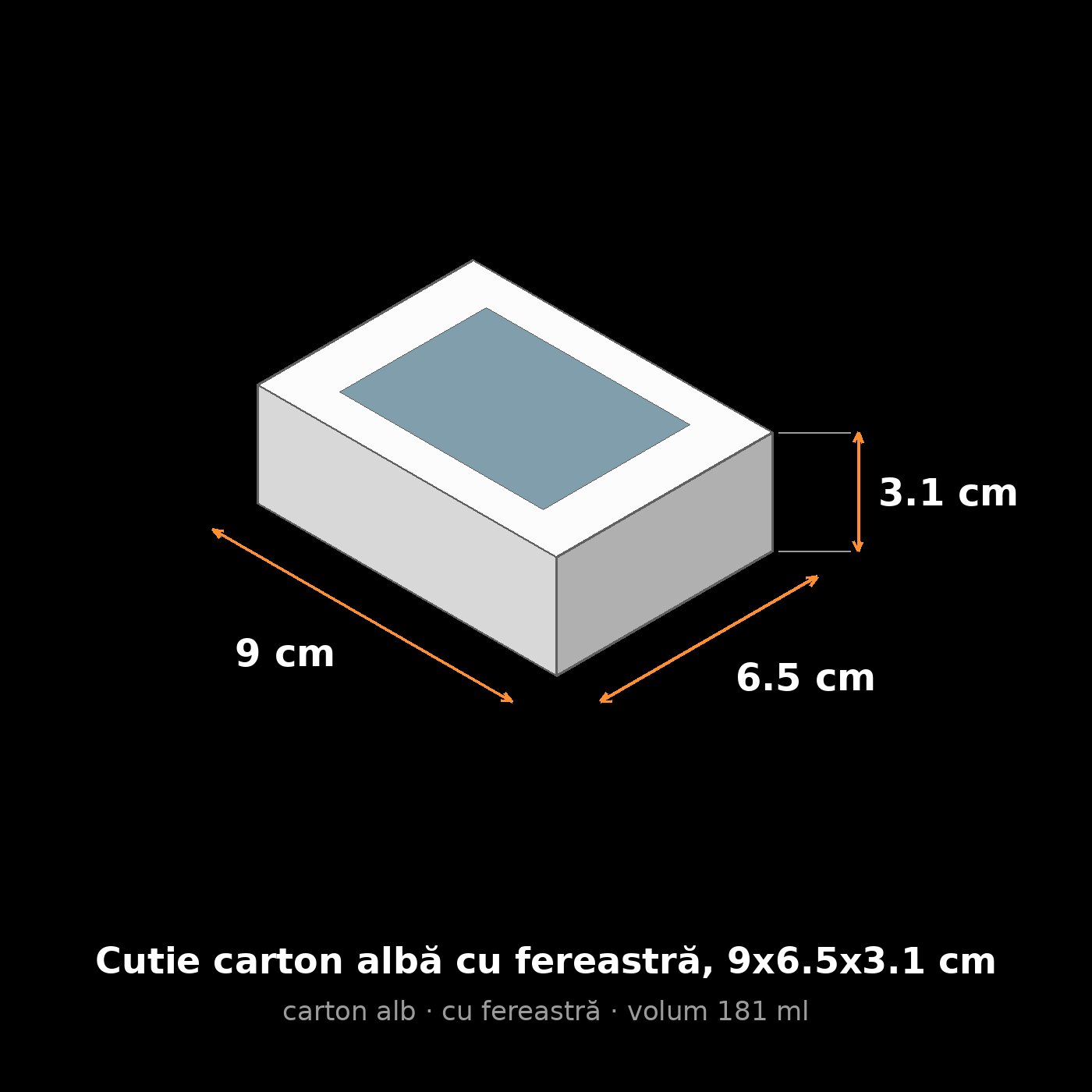 Cutie carton albă cu fereastră, 9x6.5x3.1 cm – schemă cu dimensiuni