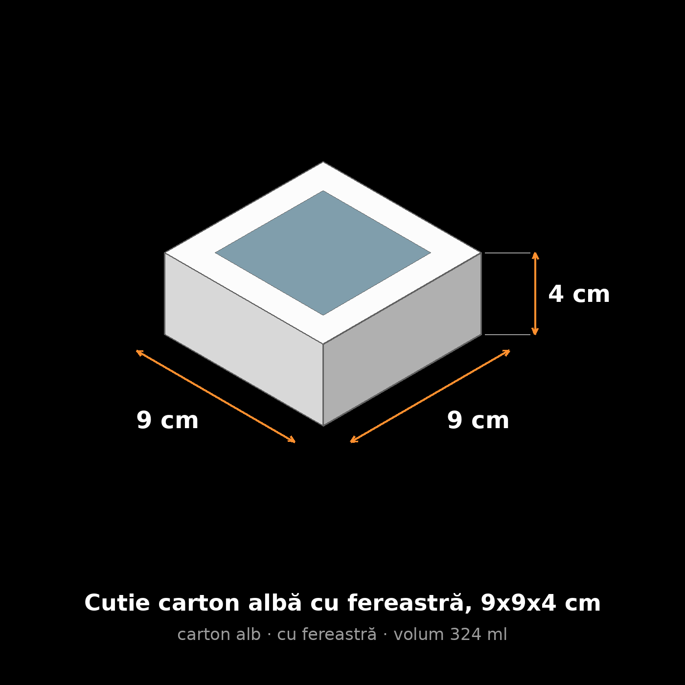 Cutie carton albă cu fereastră, 9x9x4 cm – schemă cu dimensiuni