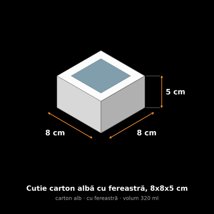 Cutie carton albă cu fereastră, 8x8x5 cm – schemă cu dimensiuni