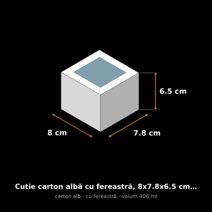 Cutie carton albă cu fereastră, 8x7.8x6.5 cm – schemă cu dimensiuni