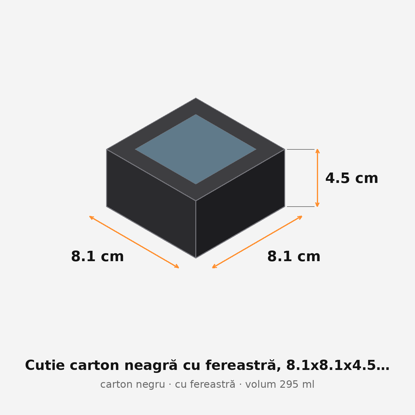 Cutie carton neagră cu fereastră, 8.1x8.1x4.5 cm – schemă cu dimensiuni