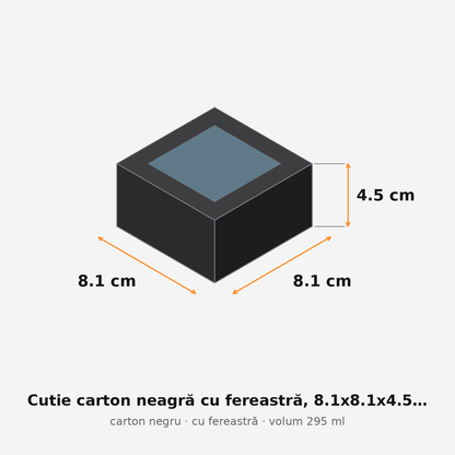Cutie carton neagră cu fereastră, 8.1x8.1x4.5 cm – schemă cu dimensiuni