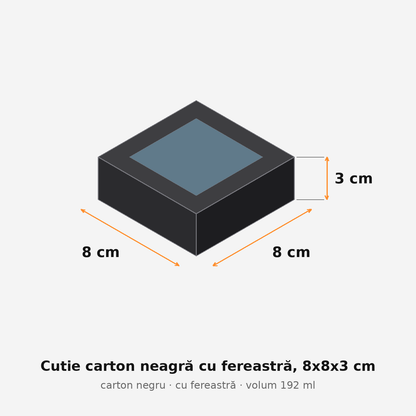 Cutie carton neagră cu fereastră, 8x8x3 cm – schemă cu dimensiuni