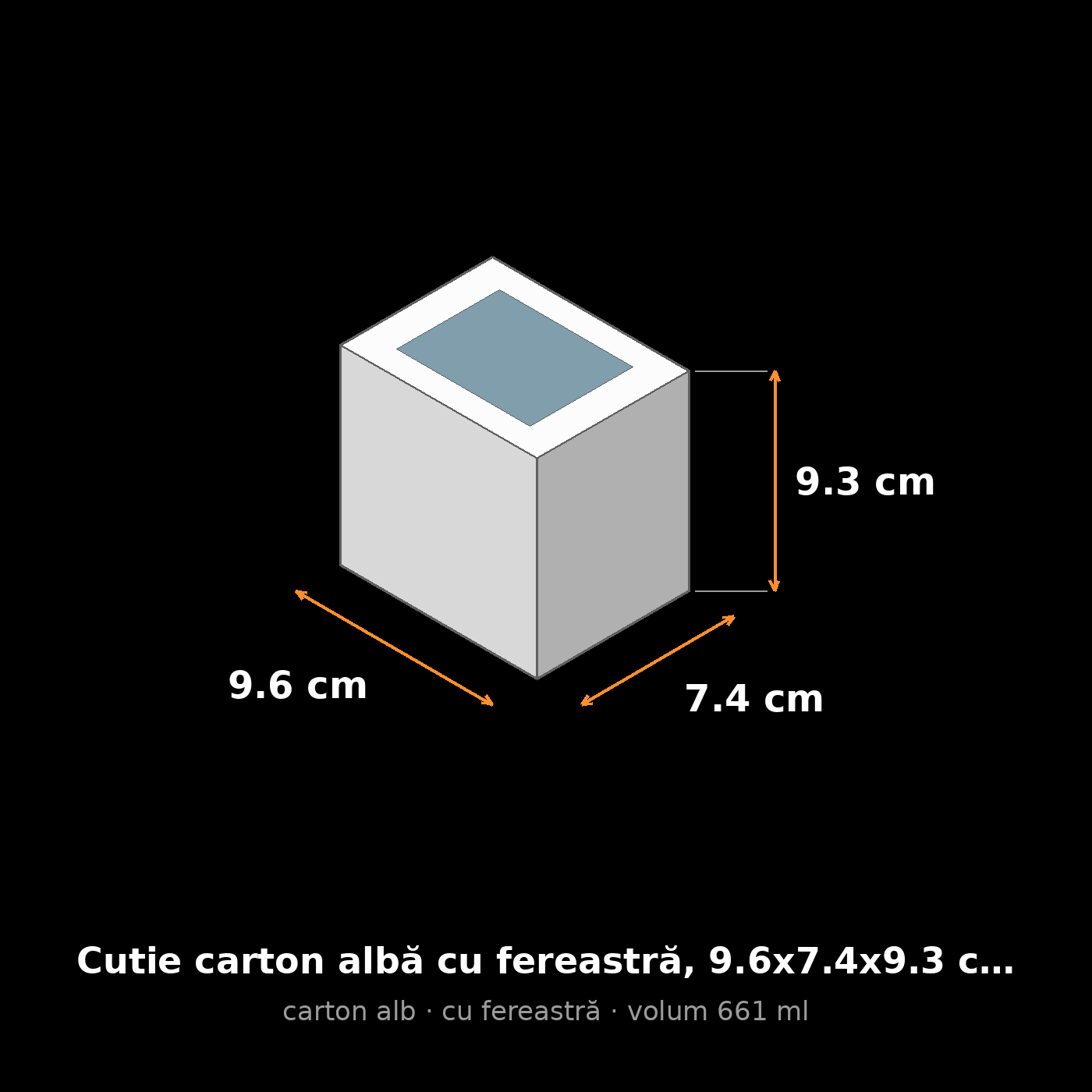 Cutie carton albă cu fereastră, 9.6x7.4x9.3 cm – schemă cu dimensiuni