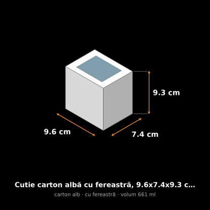 Cutie carton albă cu fereastră, 9.6x7.4x9.3 cm – schemă cu dimensiuni