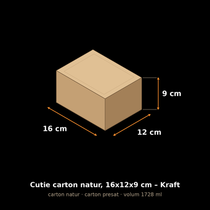Cutie carton natur, 16x12x9 cm – schemă cu dimensiuni