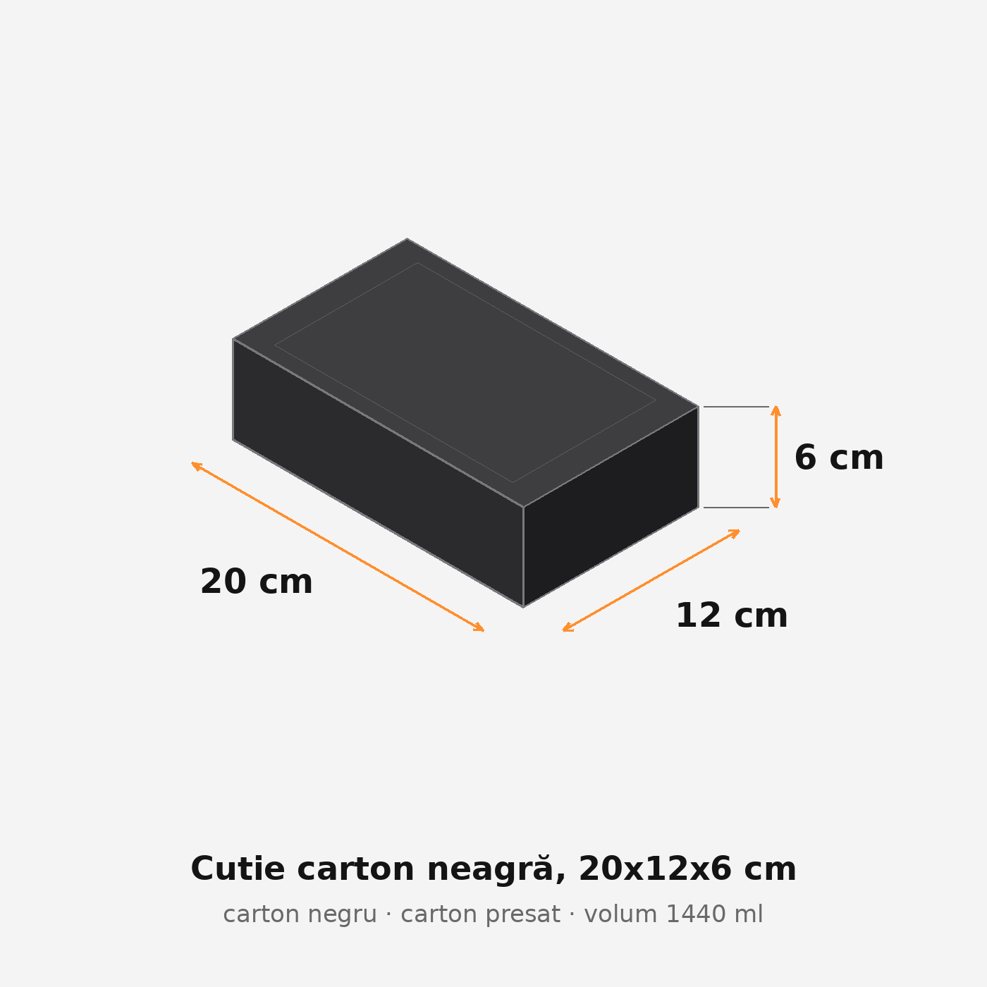 Cutie carton neagră, 20x12x6 cm – schemă cu dimensiuni
