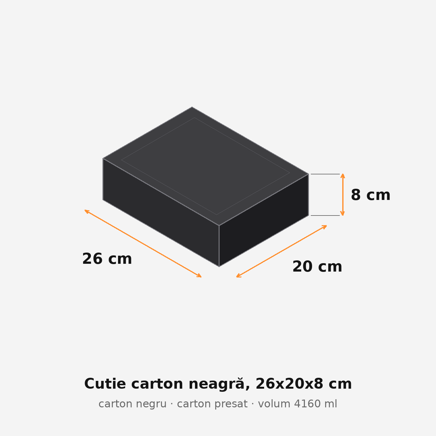 Cutie carton neagră, 26x20x8 cm – schemă cu dimensiuni