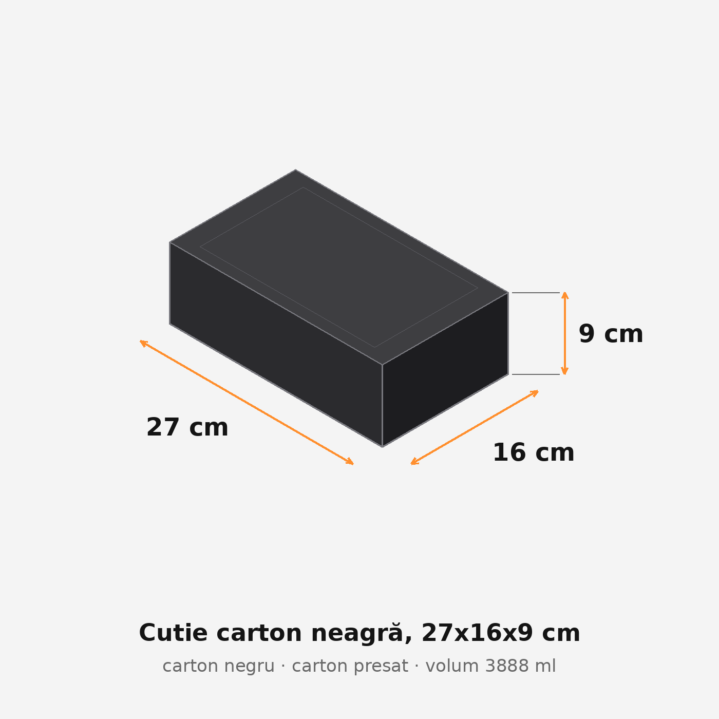 Cutie carton neagră, 27x16x9 cm – schemă cu dimensiuni
