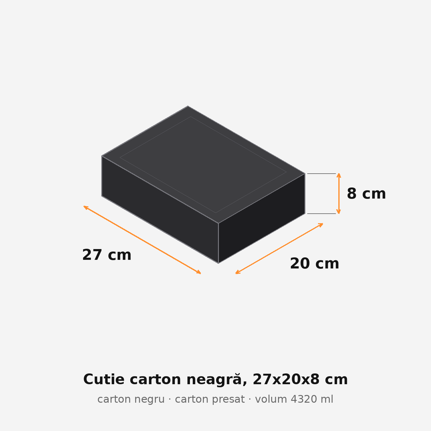 Cutie carton neagră, 27x20x8 cm – schemă cu dimensiuni