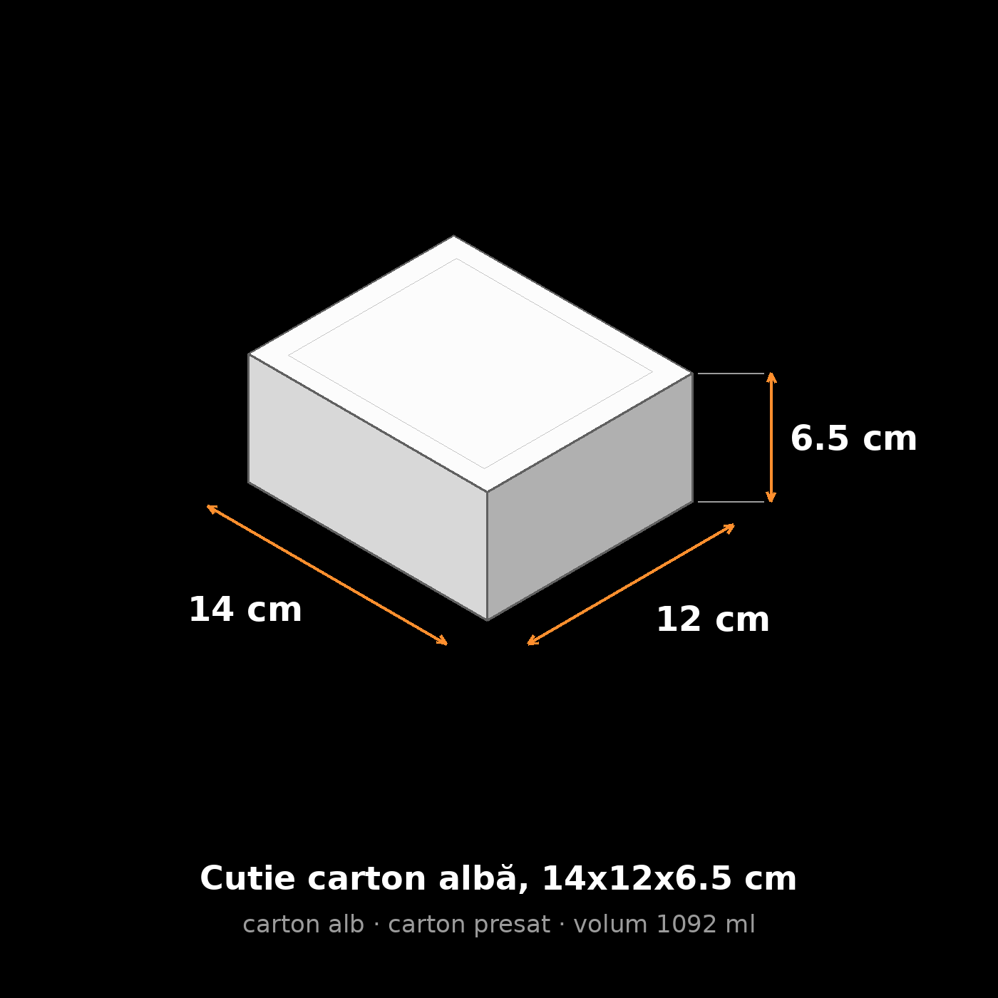 Cutie carton albă, 14x12x6.5 cm – schemă cu dimensiuni